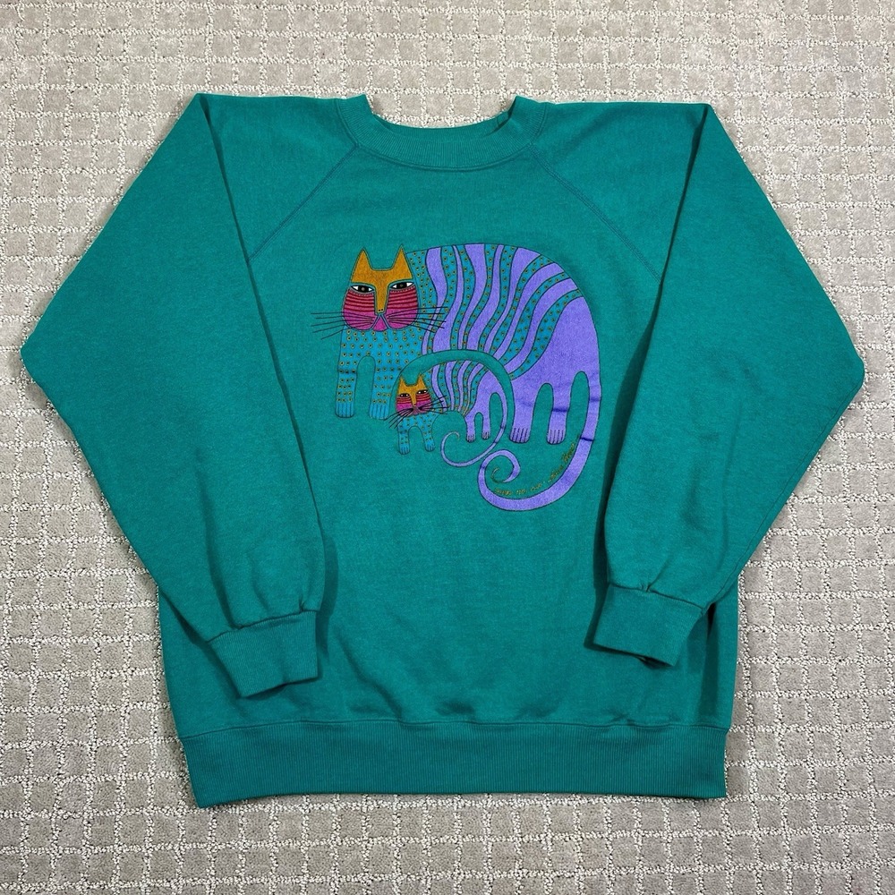 Vintage 80s Laurel Burch Colorful Cat Size Large Teal Art Sweatshirt